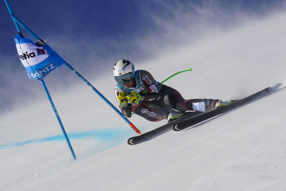 Norway's Ragnhild Mowinckel speeds down the course during an alpine ski an alpine ski, women's World Cup super-G in St. Moritz, Switzerland, Sunday, Dec. 12, 2021. (AP Photo/Marco Tacca)