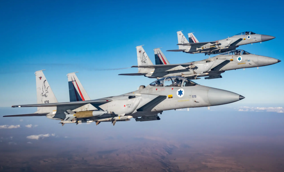Three fully armed F-15C/D Baz aircraft from 106 Squadron “Tip of the Spear.” <em>Amit Agronov</em>