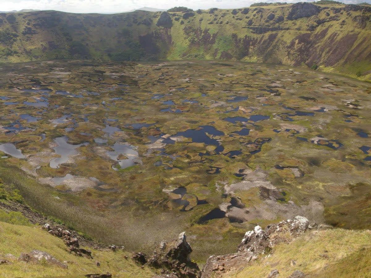 Easter Island is of volcanic origin. It was from the outer slopes of this massive volcanic crater that the people of Easter Island obtained much of the rock to make their giant statues (Wikimedia Commons)