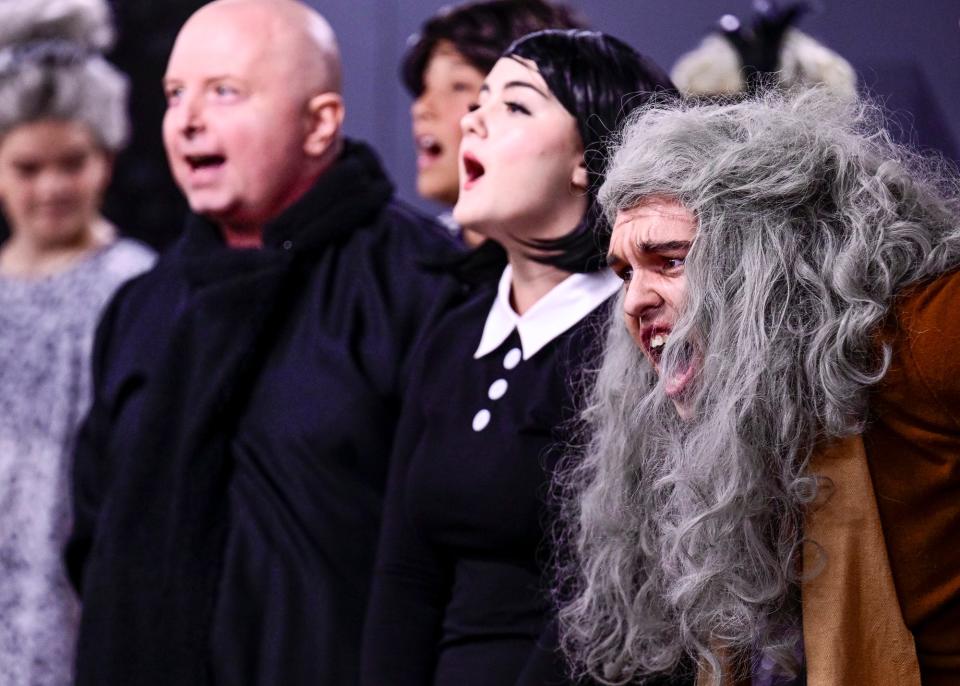 "Addams Family" cast members Bailey Avila-Beach, right, Alexis Long-Mayberry, Adam Ridgway rehearse Tuesday, June 21, 2022, at the Encore Theatre.