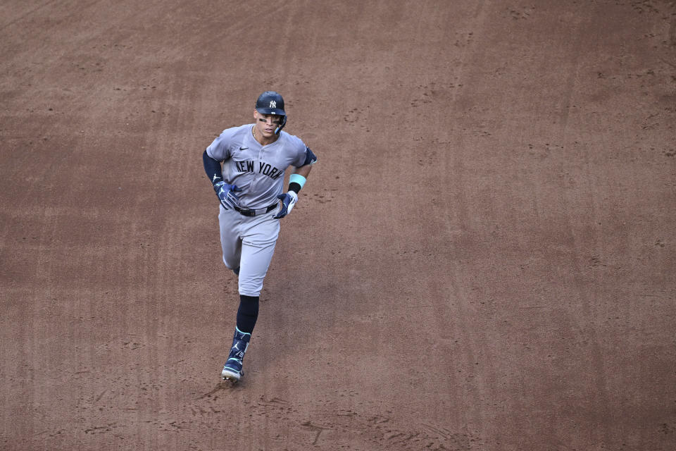 New York Yankees' Aaron Judge runs the bases after hitting a solo home run off Baltimore Orioles pitcher Grayson Rodriguez during the fifth inning of a baseball game, Saturday, July 13, 2024, in Baltimore. (AP Photo/Terrance Williams)