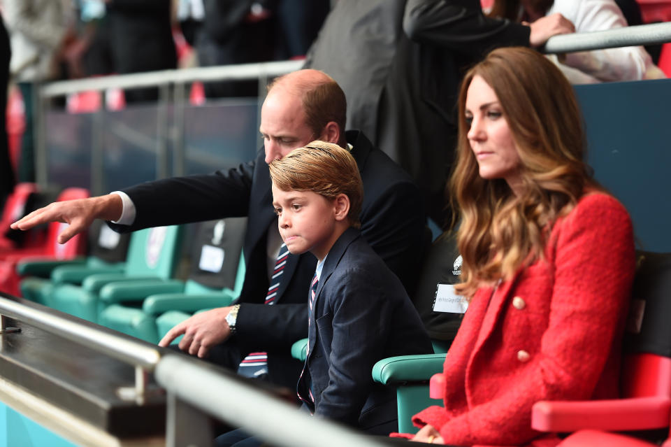 LONDON, ENGLAND - JUNE 29: Prince William, President of the Football Association along with Catherine, Duchess of Cambridge with Prince George during the UEFA Euro 2020 Championship Round of 16 match between England and Germany at Wembley Stadium on June 29, 2021 in London, England. (Photo by Eamonn McCormack - UEFA/UEFA via Getty Images)