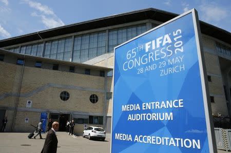 A sign is pictured outside the Hallenstadion during the 65th FIFA Congress in Zurich, Switzerland, May 29, 2015. REUTERS/Ruben Sprich