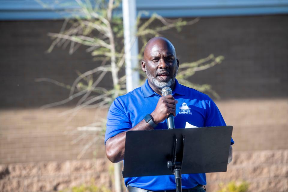 The Dr. Wesley Grant Sr. Southside Community Center expansion officially opened with a block party August 4, 2023. D. Tyrell McGirt, Parks and Recreation Director, offers remarks at the ribbon cutting.