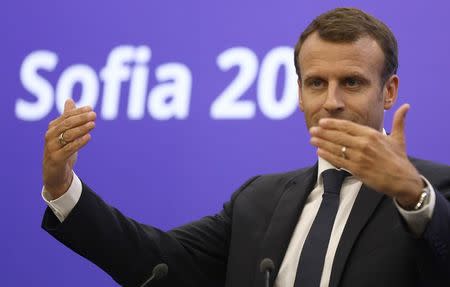 French President Emmanuel Macron gives a news conference at the EU-Western Balkans Summit in Sofia, Bulgaria, May 17, 2018. REUTERS/Stoyan Nenov