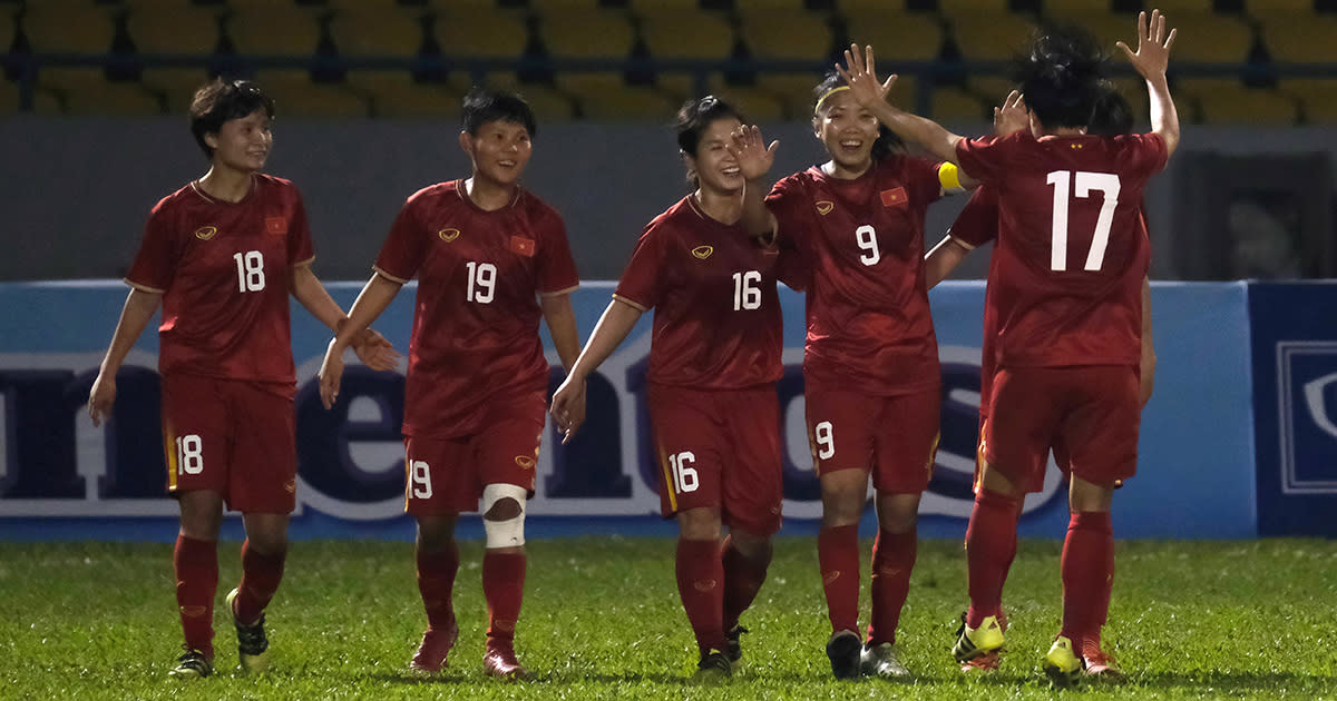  Vietnam Women's World Cup 2023 squad: Huynh Nhu (2nd R) of Vietnam celebrates her side's first goal with her team mates during the Women's Olympic Football Tournament Play-Off 2nd Leg between Vietnam and Australian Matildas at Cam Pha Stadium on March 11, 2020 in Cam Pha, Vietnam. 