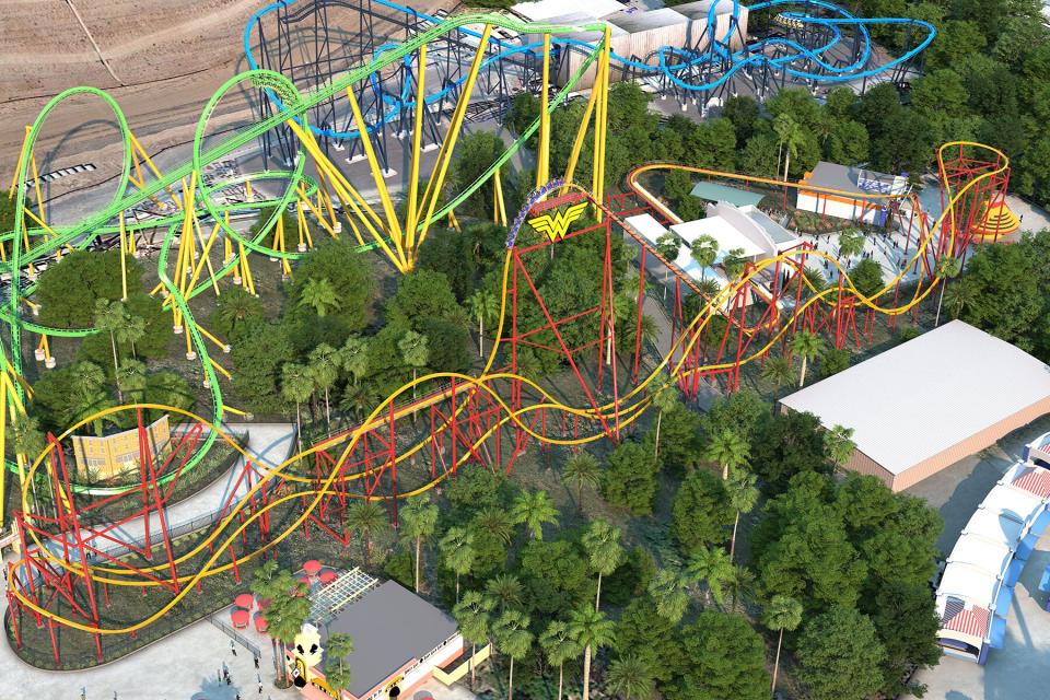 Aerial view of Wonder Woman Flight Of Courage at Six Flags Magic Mountain