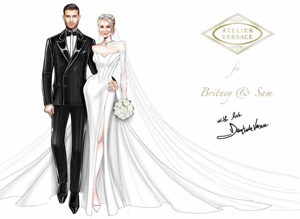 A sketch of Britney Spears and Sam Asghari’s wedding looks by Versace. - Credit: Courtesy of Versace