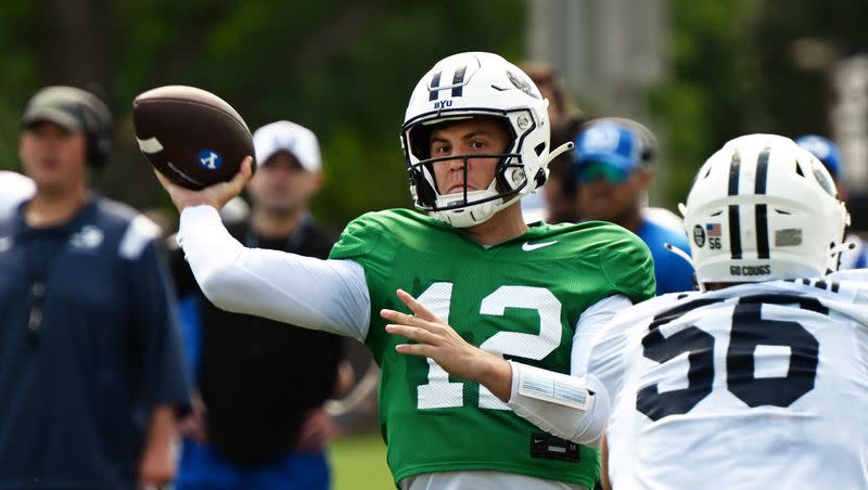 BYU Cougars quarterback Jake Retzlaff passes the ball during BYU’s practice in Provo on Tuesday, Aug. 8, 2023.