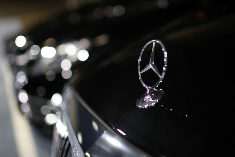 A Mercedes-Benz logo is seen on a car at the headquarters of Chabe, Chauffeured Cars Services, in Nanterre