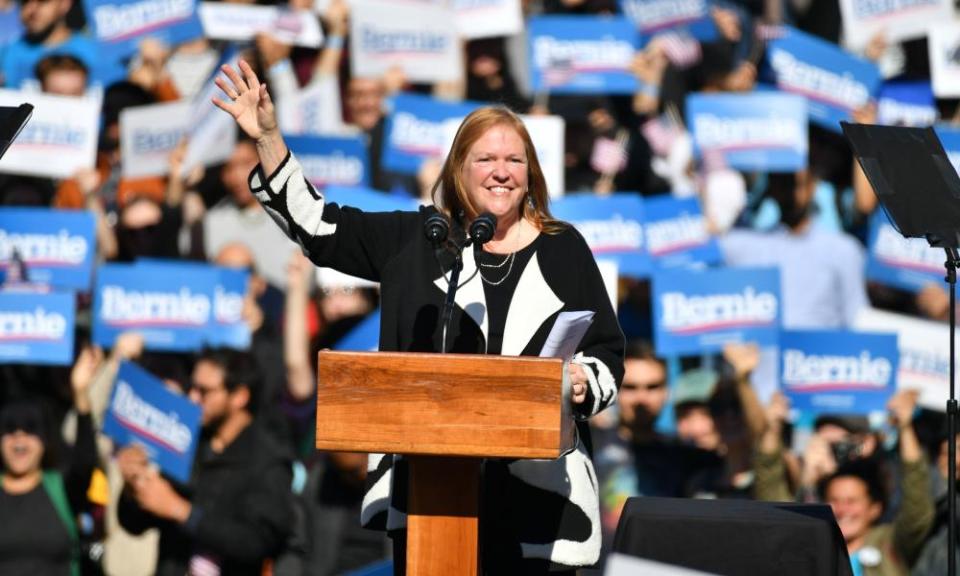 Jane Sanders speaks at a rally at Queensbridge Park, New York, for the campaign of her husband, Bernie Sanders.