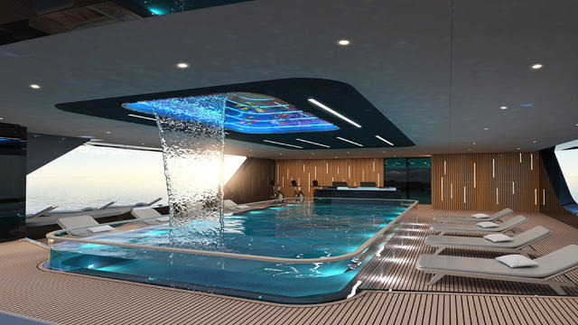 A Waterfall Links This New 255-Foot Superyacht's Glass-Bottomed