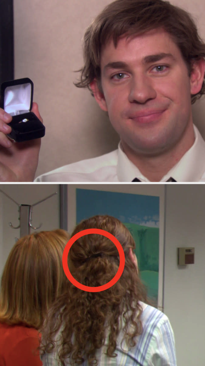 Jim holding Pam's engagement ring and a shot of Pam's hair clip