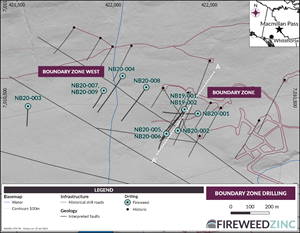 Map 2 – Boundary Zone: Locations of the 2020 diamond drill holes and cross-section A-A’.