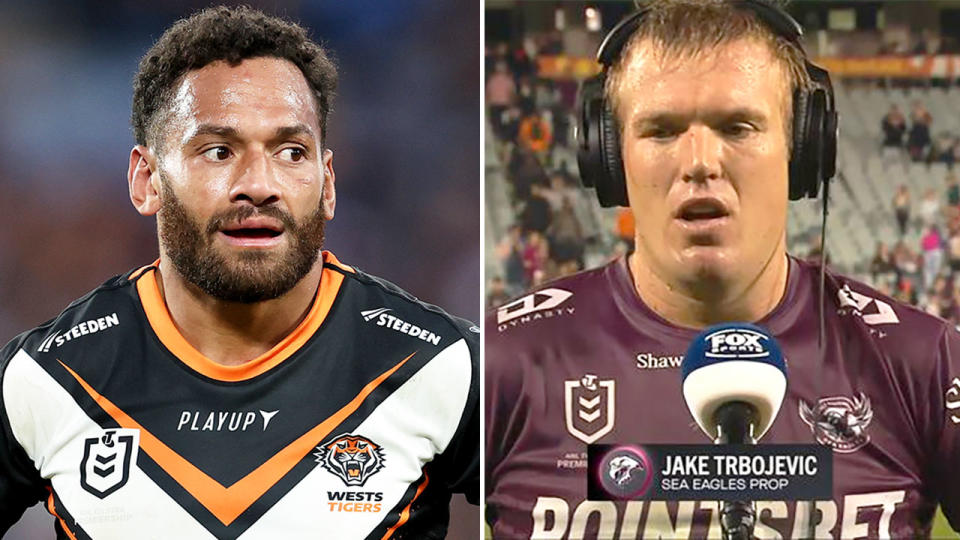 On the right is Manly forward Jake Trbojevic in the NRL.