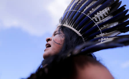 Indian Leader Sonia Guajajara is pictured at the Terra Livre camp, or Free Land camp, in Brasilia, Brazil April 24, 2019. REUTERS/Nacho Doce