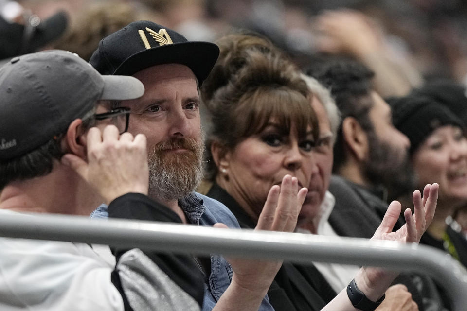 Actor Brendan Hunt watches during the second period in Game 3 of an NHL hockey Stanley Cup first-round playoff series between the Los Angeles Kings and the Edmonton Oilers Friday, April 21, 2023, in Los Angeles. (AP Photo/Mark J. Terrill)