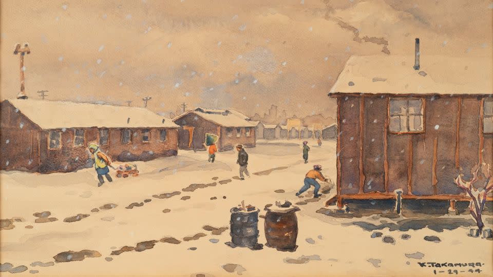 A tranquil watercolor by imprisoned artist Kango Takamura depicts a winter's day at the Manzanar camp in California's Owens Valley. - Courtesy Japanese American National Museum