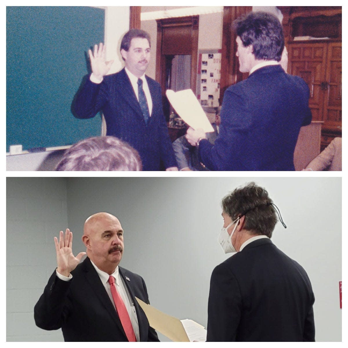 Robert Everett was sworn in Monday as a member of the Dover Board of Education for a second stint on the board. In the top photo, he is sworn in by Judge Edward O'Farrell in 1986. In the bottom photo, he is sworn in Monday by O'Farrell, now a retired judge.