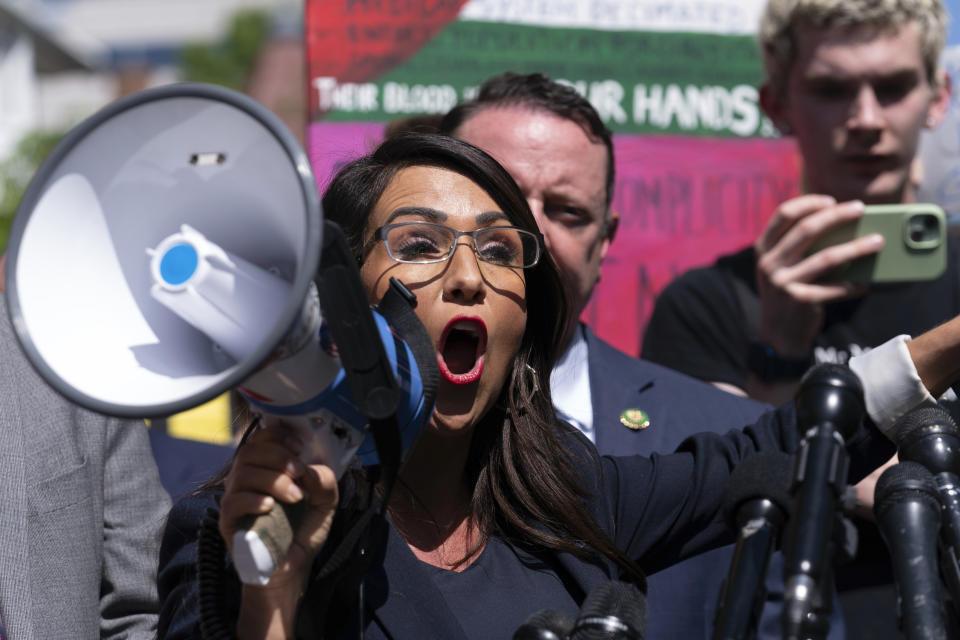 FILE - Rep. Lauren Boebert, R-Colo., accompanied by other members of Congress, speaks to the media after they toured the George Washington University students encampment as they protest over the Israel-Hamas war, Wednesday, May 1, 2024, in Washington. (AP Photo/Jose Luis Magana, File)