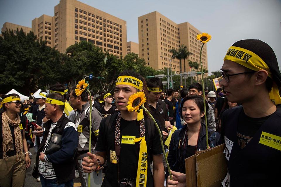 2014年3月30日，台北，逾萬人參與反服貿集會，會上有參加者手持太陽花。