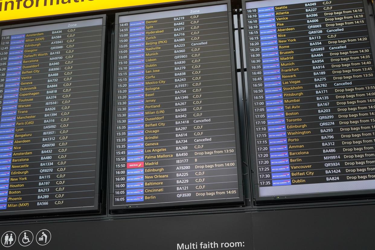 A departure board at Heathrow Airport as disruption from air traffic control issues continues across the UK and Ireland (PA)