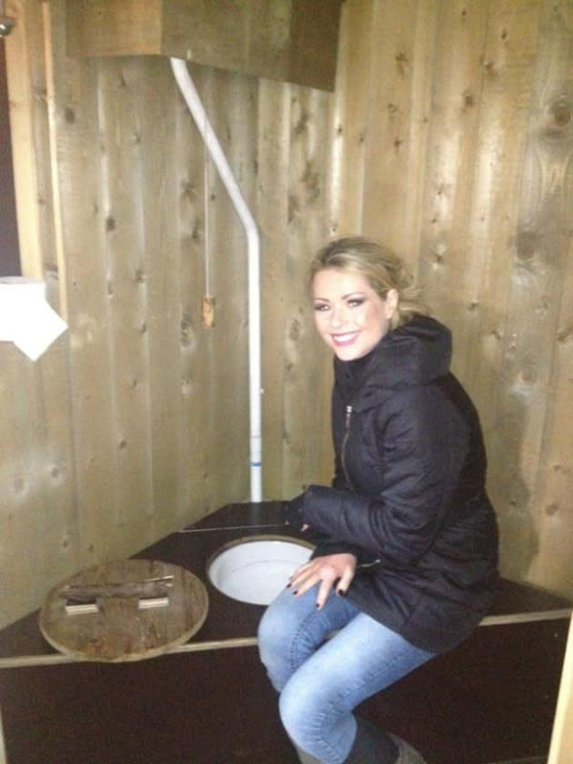 Celebrity photos: Model and former Celebrity Big Brother star Nicola McLean went camping with her family this week – and decided to tweet this image of herself next to the toilet, saying it was like the toilet in the I’m A Celebrity jungle.