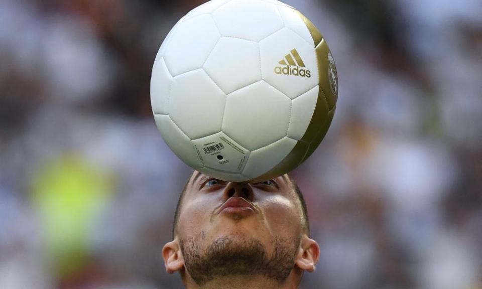 Eden Hazard shows off his skills during his unveiling as a Real Madrid player in 2019