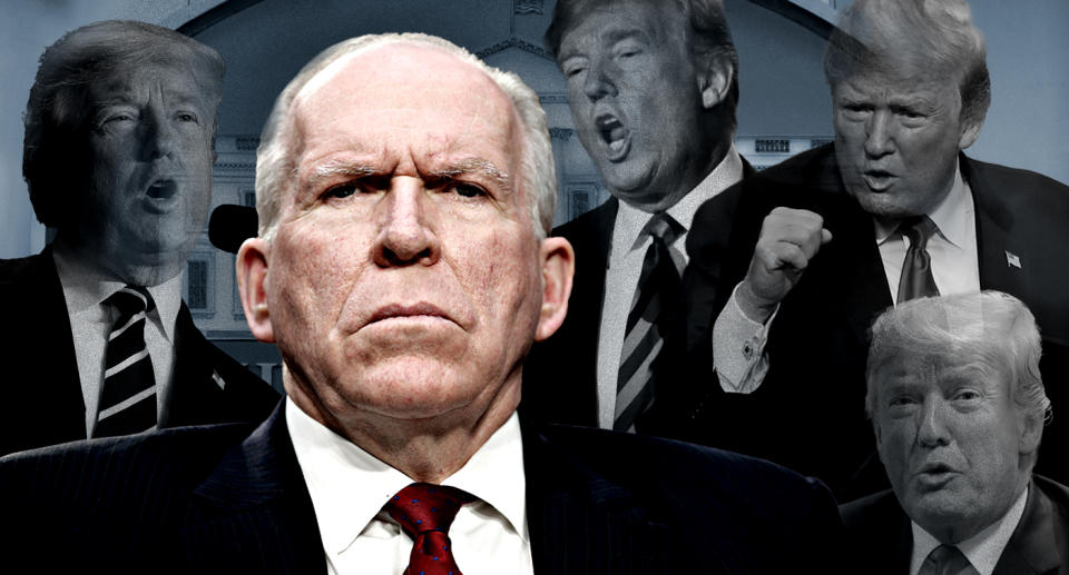 John Brennan, Donald Trump (Yahoo News photo illustration; photos: AP, Sadak Souici/Barcroft Media via Getty Images, Getty)