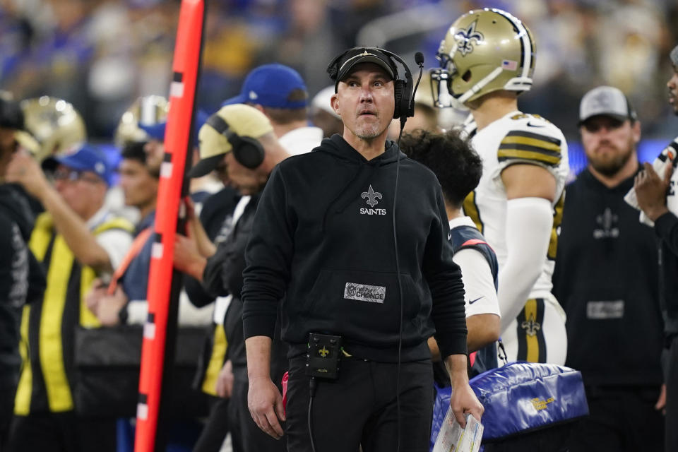 New Orleans Saints head coach Dennis Allen paces the sideline during the second half of an NFL football game against the Los Angeles Rams, Thursday, Dec. 21, 2023, in Inglewood, Calif. (AP Photo/Ryan Sun)