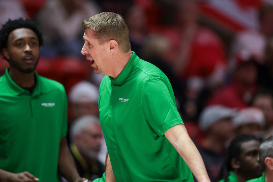 Utah Valley Wolverines head coach Todd Phillips talks to his bench during the game against the Utah Utes at the Huntsman Center in Salt Lake City on Saturday, Dec. 16, 2023. | Spenser Heaps, Deseret News
