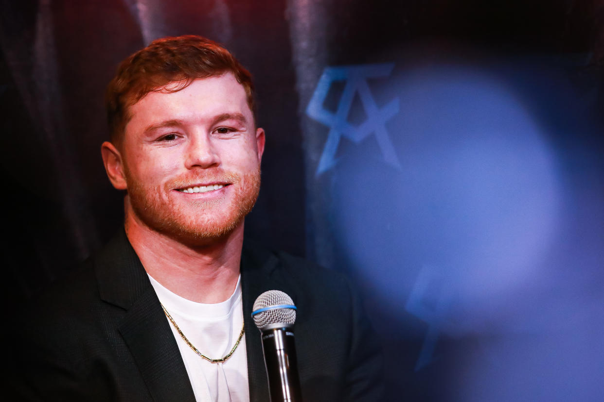 MEXICO CITY, MEXICO - NOVEMBER 16: Saul 'Canelo' Alvarez smiles during the press conference on the 'VMC' beverages by 'Canelo' Alvarez at Monumento A La Revolucion on November 16, 2022 in Mexico City, Mexico. (Photo by Manuel Velasquez/Getty Images)