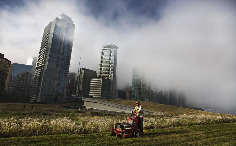 Morning fog drifts across downtown as landscaper Graham Reid cuts the grass on top of the Vancouver Convention Centre's living roof in Vancouver, British Columbia October 17, 2013. REUTERS/Andy Clark