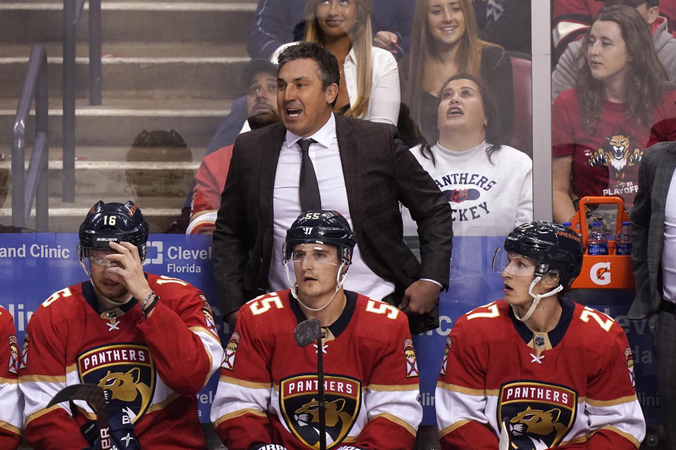 FILE - Florida Panthers interim coach Andrew Brunette yells during the second period of Game 2 of an NHL hockey first-round playoff series against the Washington Capitals, Thursday, May 5, 2022, in Sunrise, Fla. The coaching shuffle in Nashville is complete, with Andrew Brunette officially hired as the Predators coach on Wednesday, May 31, 2023, a little over 12 hours after the team announced that John Hynes was fired. (AP Photo/Marta Lavandier, File)