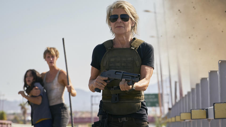 This image released by Paramount Pictures shows, from left, Natalia Reyes, Mackenzie Davis and Linda Hamilton in a scene from "Terminator: Dark Fate," in theaters on Nov. 1. (Kerry Brown/Skydance Productions and Paramount Pictures via AP)