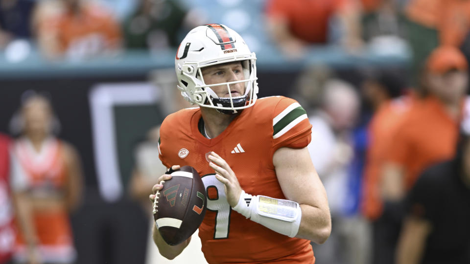 Miami's Tyler Van Dyke during an NCAA football game on Saturday, Sept. 9, 2023, in Miami Gardens, Fla. (AP Photo/Doug Murray)