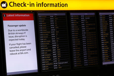 Check-in information boards are displayed at Heathrow Terminal 5 in London, Britain May 29, 2017. REUTERS/Stefan Wermuth