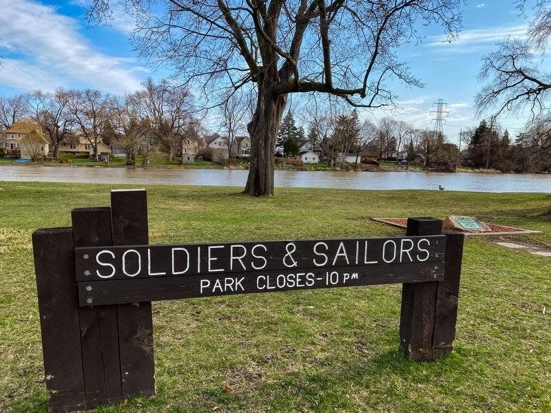 The current Soldiers and Sailors Park sign; the park, first known as Riverside Park, was created in 1909 and was renamed Soldiers and Sailors Park in 1923 to honor veterans of the Civil War and later conflicts. Provided photo