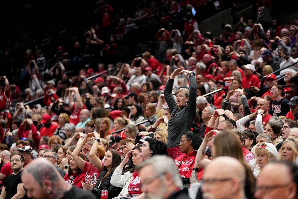 Mar 22, 2024; Columbus, OH, USA; Ohio State Buckeyes fans cheer during the second half of the women’s basketball NCAA Tournament first round game against the Maine Black Bears at Value City Arena. Ohio State won 80-57.