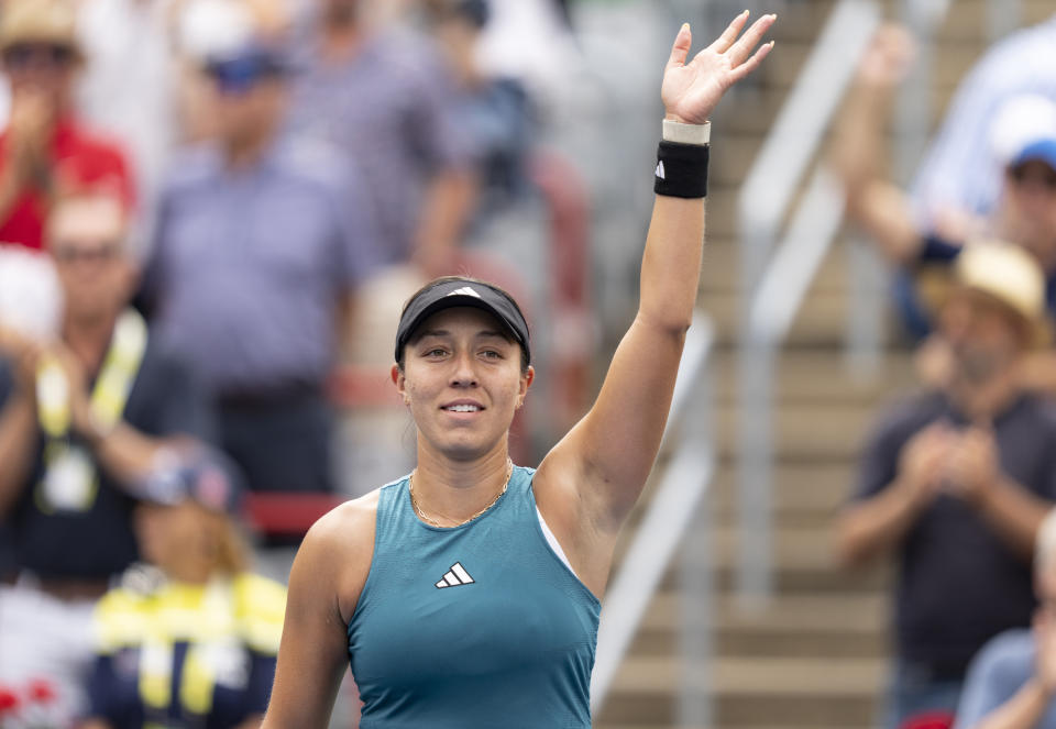 Jessica Pegula of the United States, celebrates her win over Iga Swiatek of Poland during the semifinals of the National Bank Open women’s tennis tournament Saturday, Aug. 12, 2023, in Montreal. (Christinne Muschi/The Canadian Press via AP)