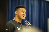 Tua Tagovailoa talks to the media at the NFL Scouting Combine on Tuesday, Feb. 25, 2020 in Indianapolis. (Detroit Lions via AP)