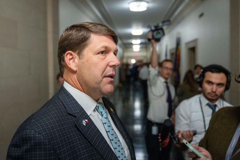 Rep. Jodey Arrington, R-Texas., speaks with reporters after a meeting where House Republicans voted to nominate House Majority Leader Steve Scalise of La., to be the next Speaker of the House, on Capitol Hill, Wednesday, Oct. 11, 2023, in Washington.