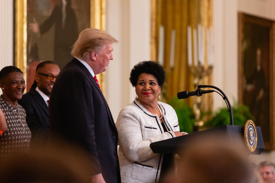 Alice Marie Johnson speaks at the 2019 White House Prison Reform Summit and First Step Act celebration at the White House in Washington, D.C. on Monday, April 1, 2019. | Cheriss May—NurPhoto/Getty Images