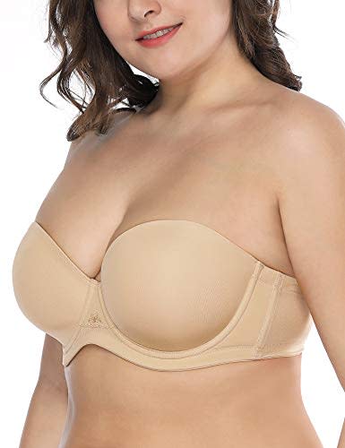 Deyllo Women's Sexy Lace Plunge Push Up Underwire Multiway Super Padded Bra,  Beige 38C 