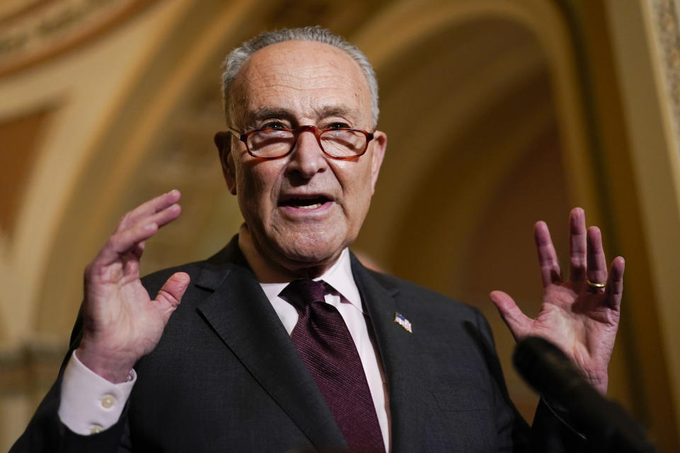 Senate Majority Leader Chuck Schumer of N.Y., speaks during a news conference after the weekly Democratic policy luncheon on Capitol Hill in Washington, Tuesday, Dec. 7, 2021.(AP Photo/Carolyn Kaster)