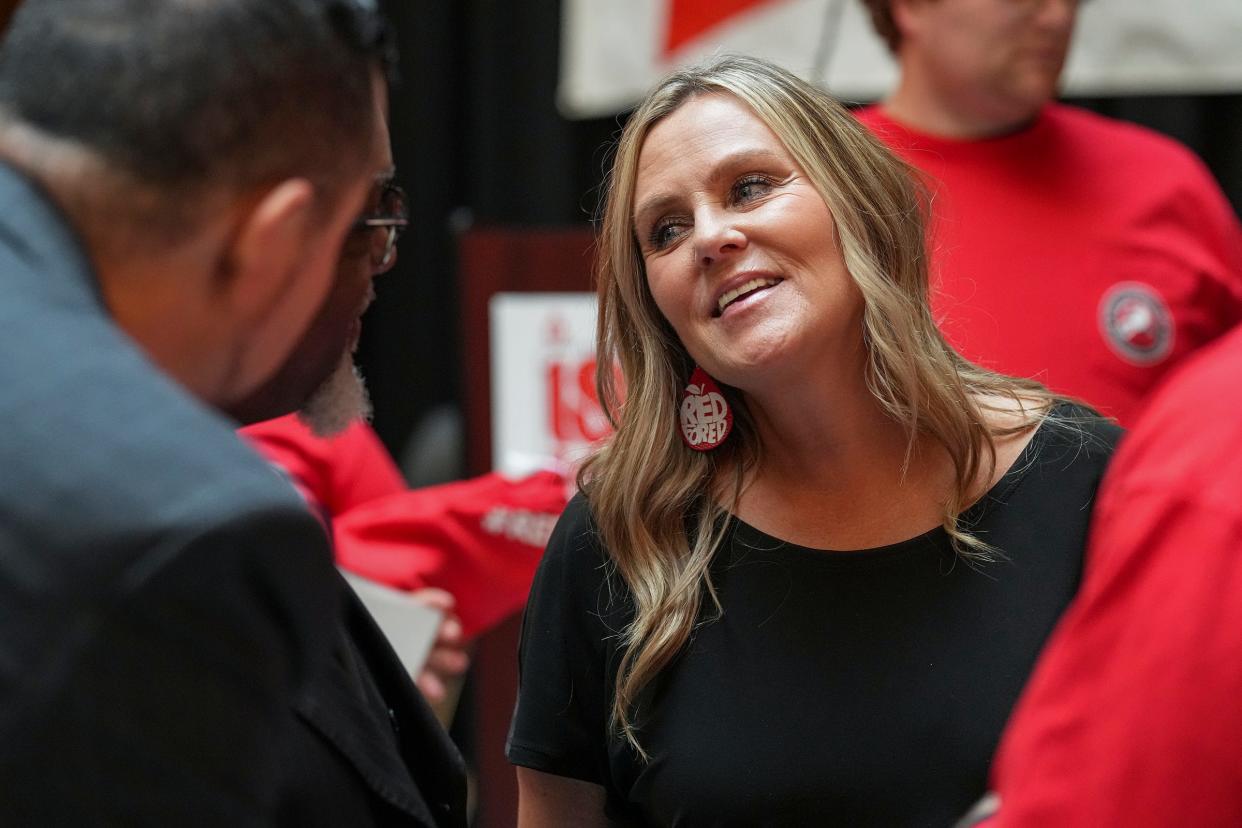 Former Indiana Superintendent of Public Instruction Jennifer McCormick attends a protest gathering of teachers from across the state on Thursday, April 13, 2023, at the Indiana Statehouse in Indianapolis.