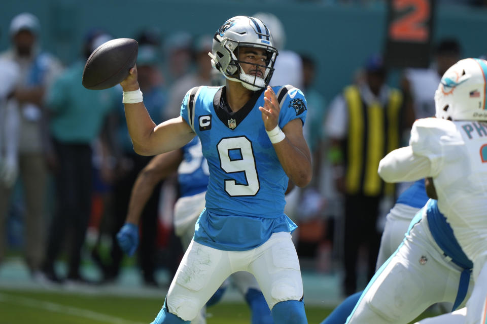 Carolina Panthers quarterback Bryce Young (9) aims a pass during the first half of an NFL football game against the Miami Dolphins, Sunday, Oct. 15, 2023, in Miami Gardens, Fla. (AP Photo/Lynne Sladky)