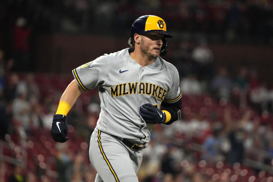 Milwaukee Brewers' Josh Donaldson rounds the bases after hitting a three-run home run during the first inning of a baseball game against the St. Louis Cardinals Wednesday, Sept. 20, 2023, in St. Louis. (AP Photo/Jeff Roberson)