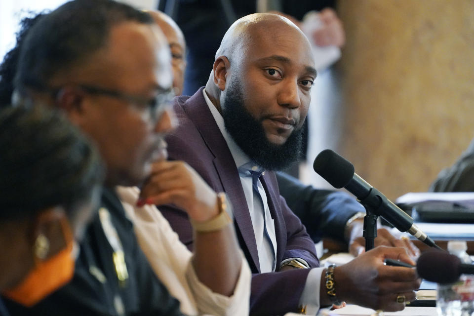 Rep. Daryl Porter, Jr., D-Summit, asks a question during a hearing at the Mississippi Capitol in Jackson about a bill that would create courts with appointed rather than elected judges in Hinds County and expand the territory of state-run Capitol Police department within the city of Jackson, Monday, March 6, 2023. (AP Photo/Rogelio V. Solis)