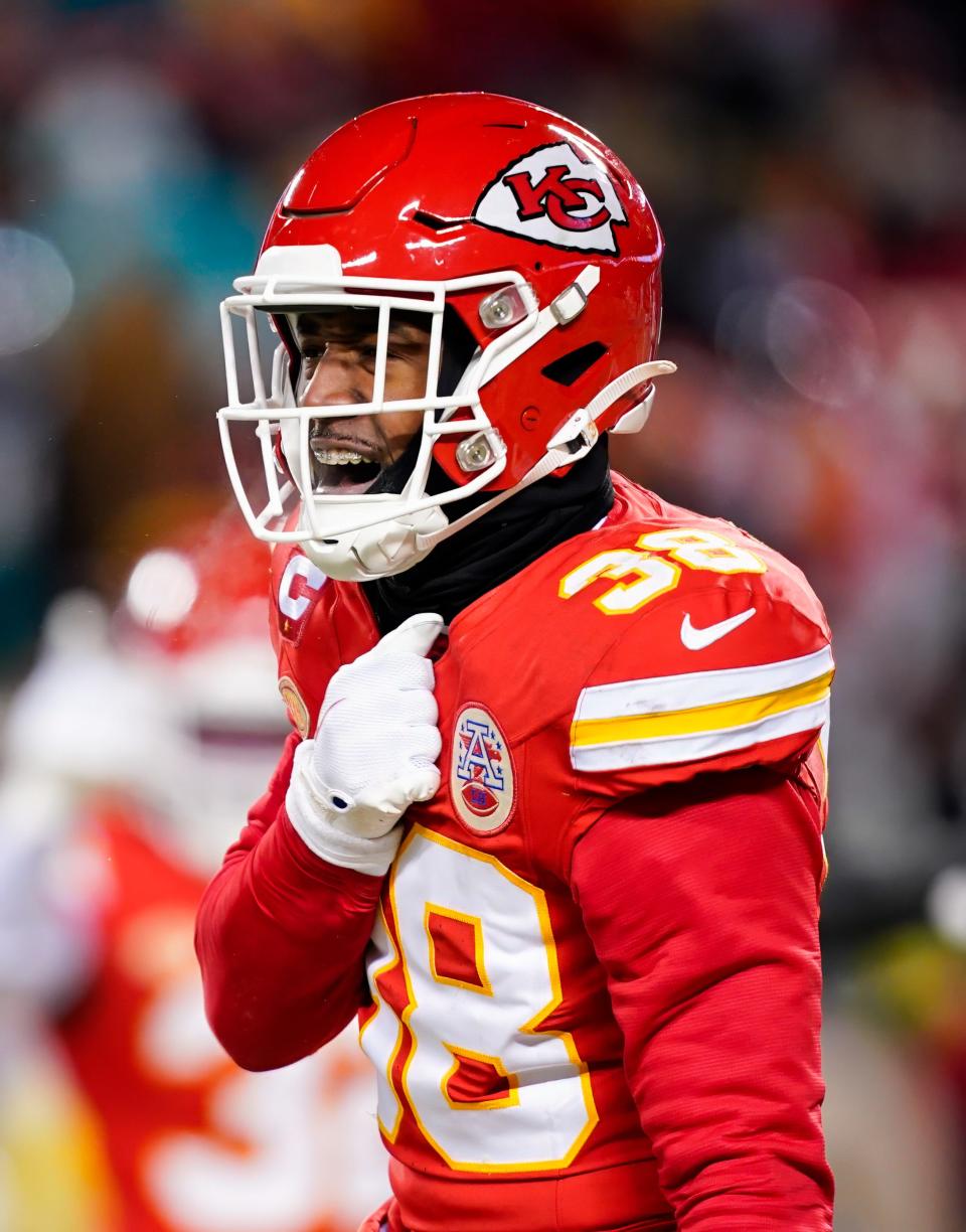 Kansas City Chiefs cornerback L'Jarius Sneed celebrates after a play during the first half of an AFC wild-card win against the Miami Dolphins at GEHA Field at Arrowhead Stadium, Jan. 13, 2024.